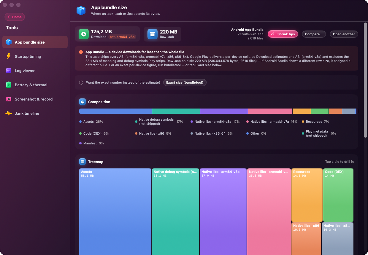 App bundle size tool showing a 125 MB per-device download estimate, composition breakdown and treemap for a real .aab