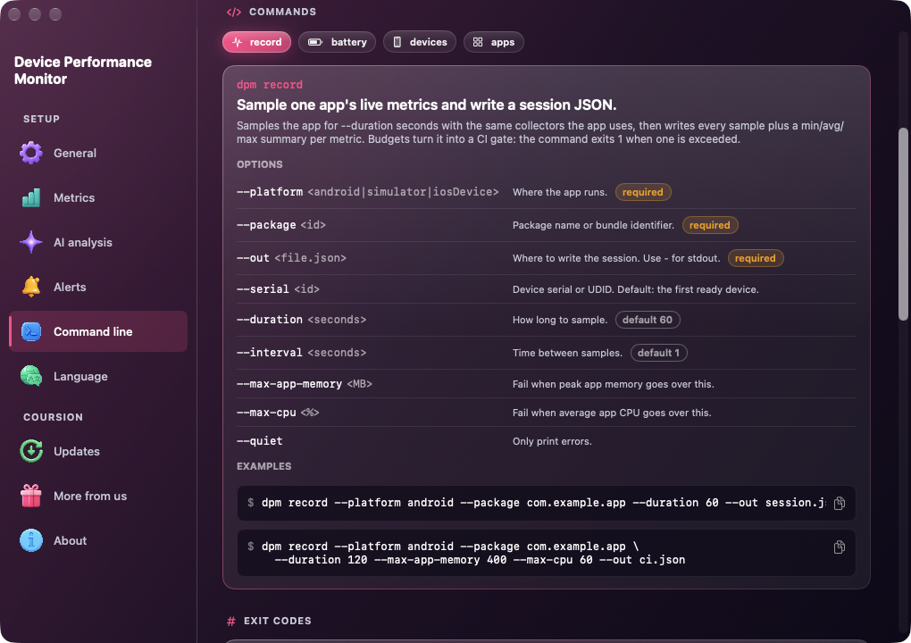Settings page documenting the dpm record command with its options, defaults and examples