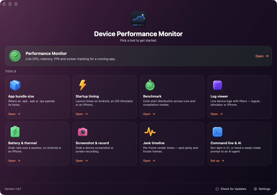 Device Performance Monitor home launcher with live monitoring, seven tool cards and a Command line & AI card
