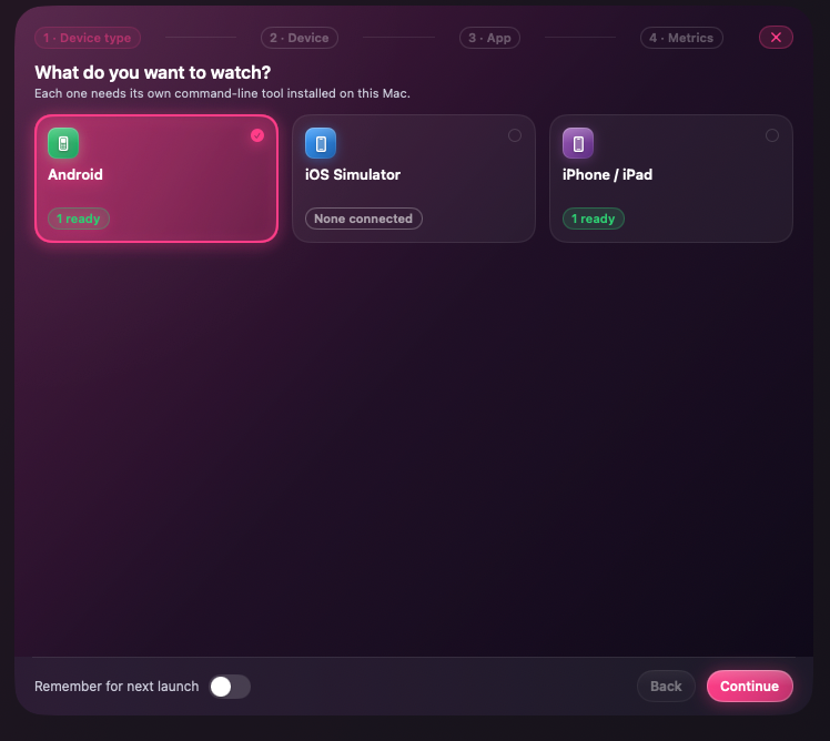 Setup step choosing between Android, iOS Simulator, and a real iPhone or iPad
